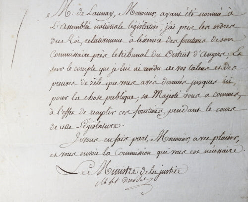 1791 Paris lettre Ministre de Justice Duport-Dutertre, guillotiné 1793