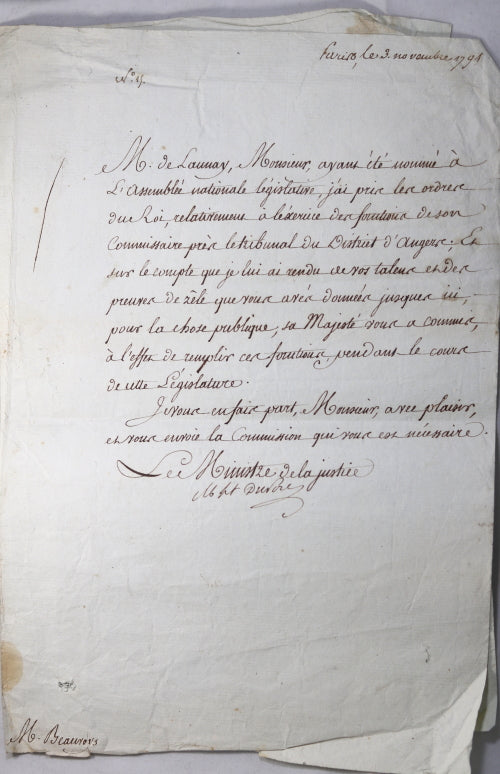 1791 Paris lettre Ministre de Justice Duport-Dutertre, guillotiné 1793