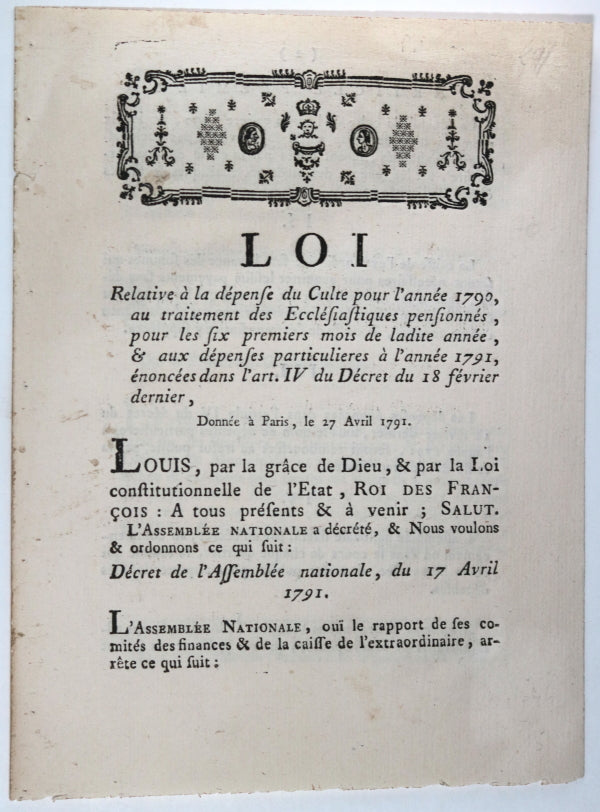 1791 Révolution Loi dépense du Culte et traitement des Ecclésiastiques