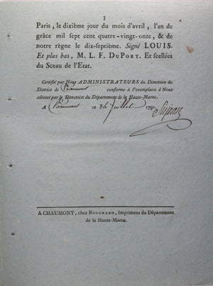 1791 Révolution, deux Lois sur droits de Traites (Chaumont)