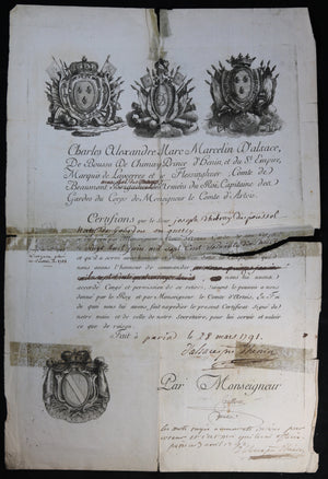 1791 congé Garde de Corps Comte d”Artois, signé Prince d’Hénin (guillotiné)
