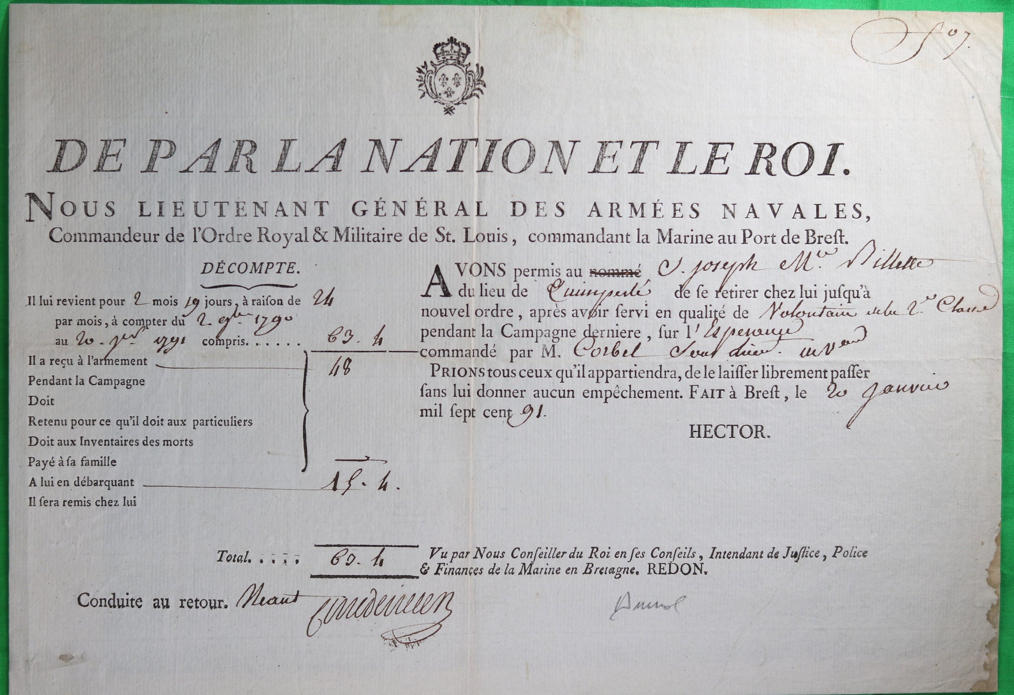 1791 congé à Brest pour marin par Lieutenant Général des Armées Navales