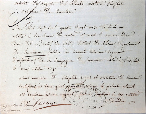 1791 extrait registre, soldat 63e Rgt. mort Hôpital Militaire Cambrai