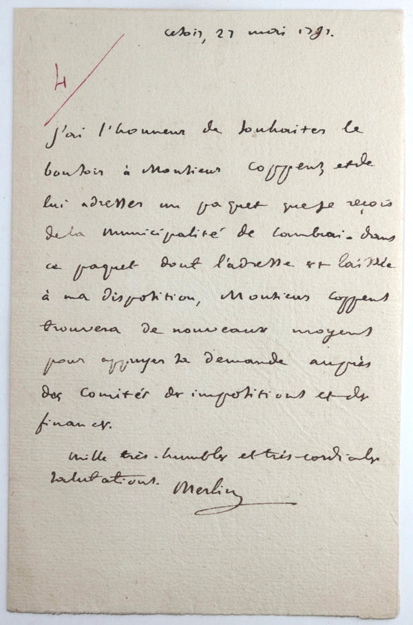 1791 lettre Merlin de Douai à Laurent Coppens (Dépt. du Nord)