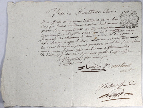 1791 passport de Fontainebleau pour le royaliste Comte de Charbonnel