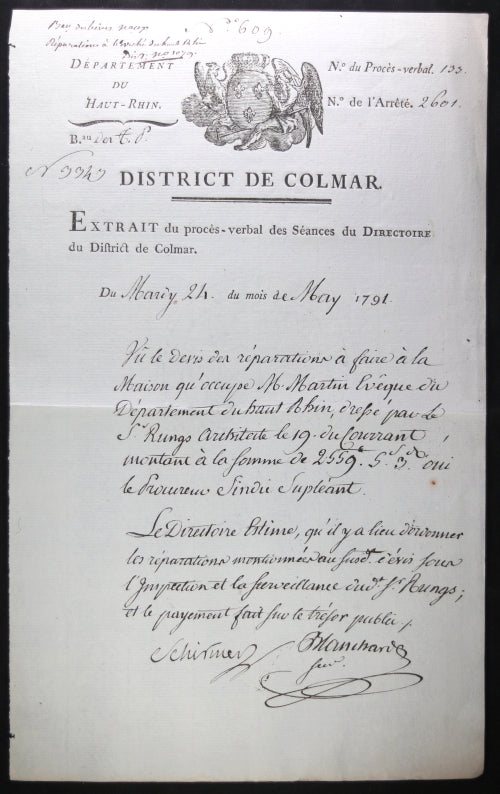 1791 réparations à l'évêché du Haut Rhin à Colmar