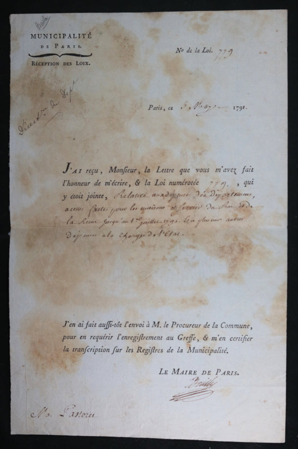 1791 lettre du maire de Paris Bailly à Pastoret procureur syndic