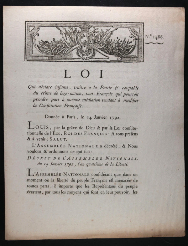 1792 Constitution Françoise traitre à la Patrie, crime de lèze-nation