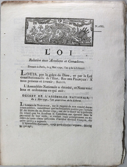 1792 Loi relative secours aux Acadiens et Canadiens en France