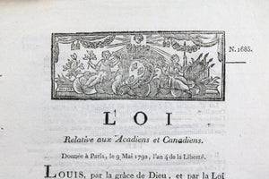 1792 Loi relative secours aux Acadiens et Canadiens en France