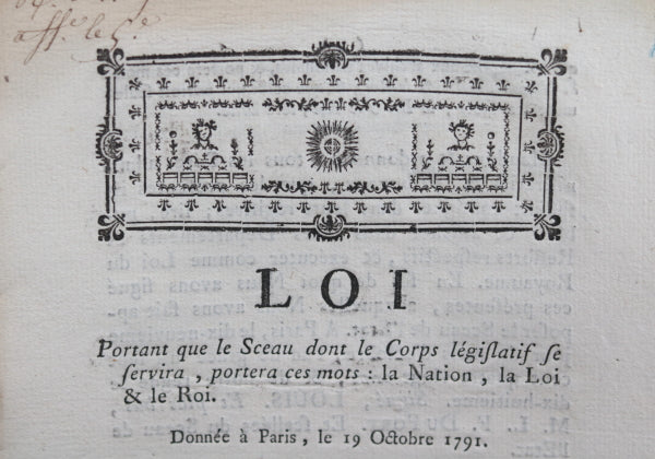 1792 Loi, sceau Corps législatif  la Nation, la Loi, le Roi