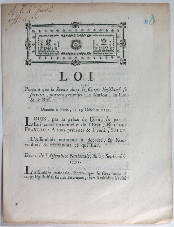 1792 Loi, sceau Corps législatif  la Nation, la Loi, le Roi