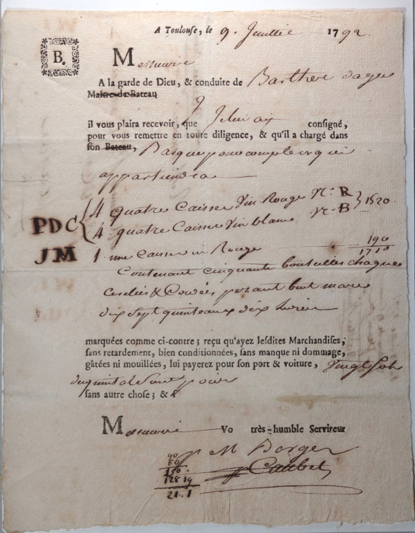 1792 Toulouse à Agde, transport par barque de vins rouges et blancs