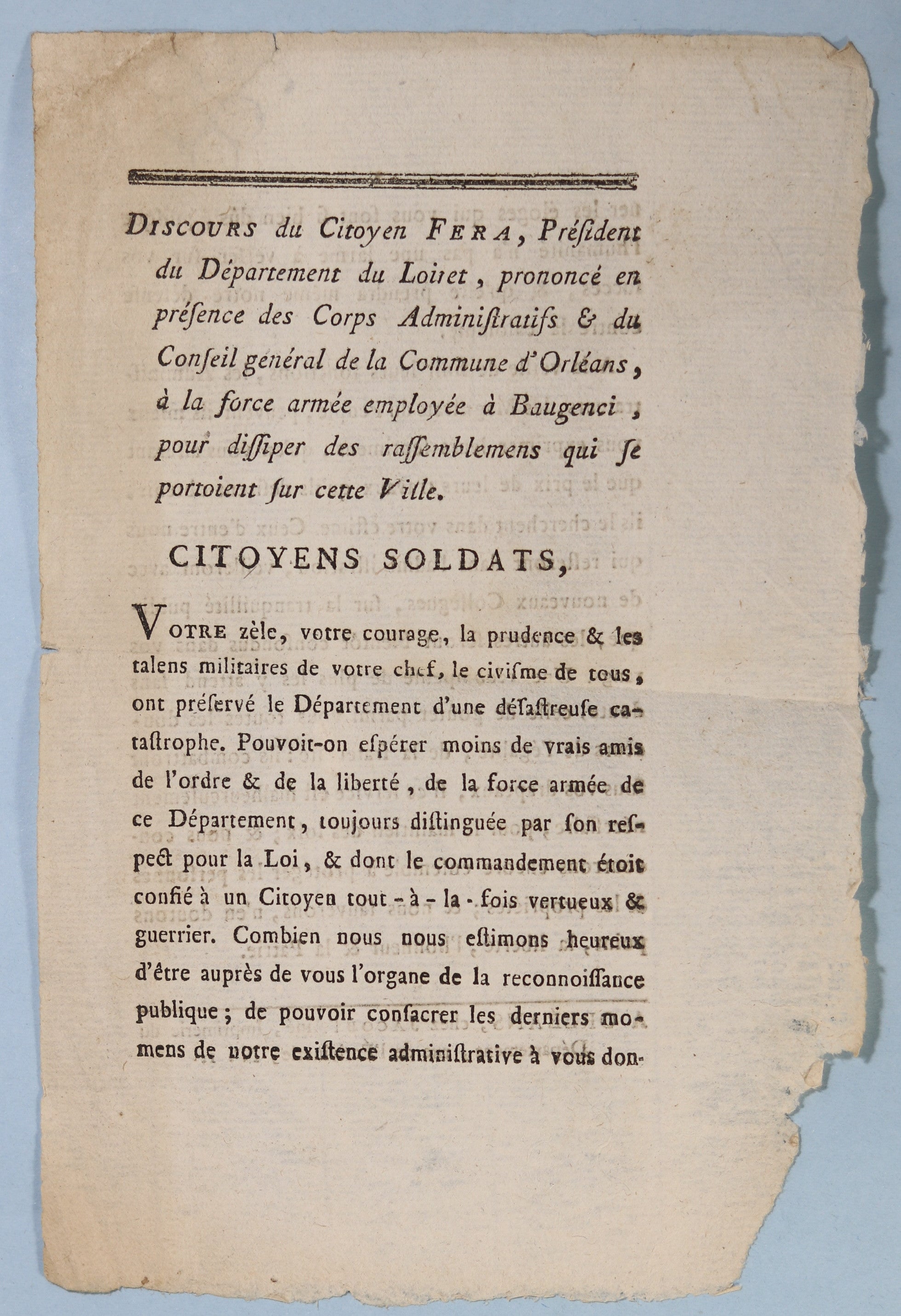 1792 discours Président du Loiret, force armée employée à Beaugency