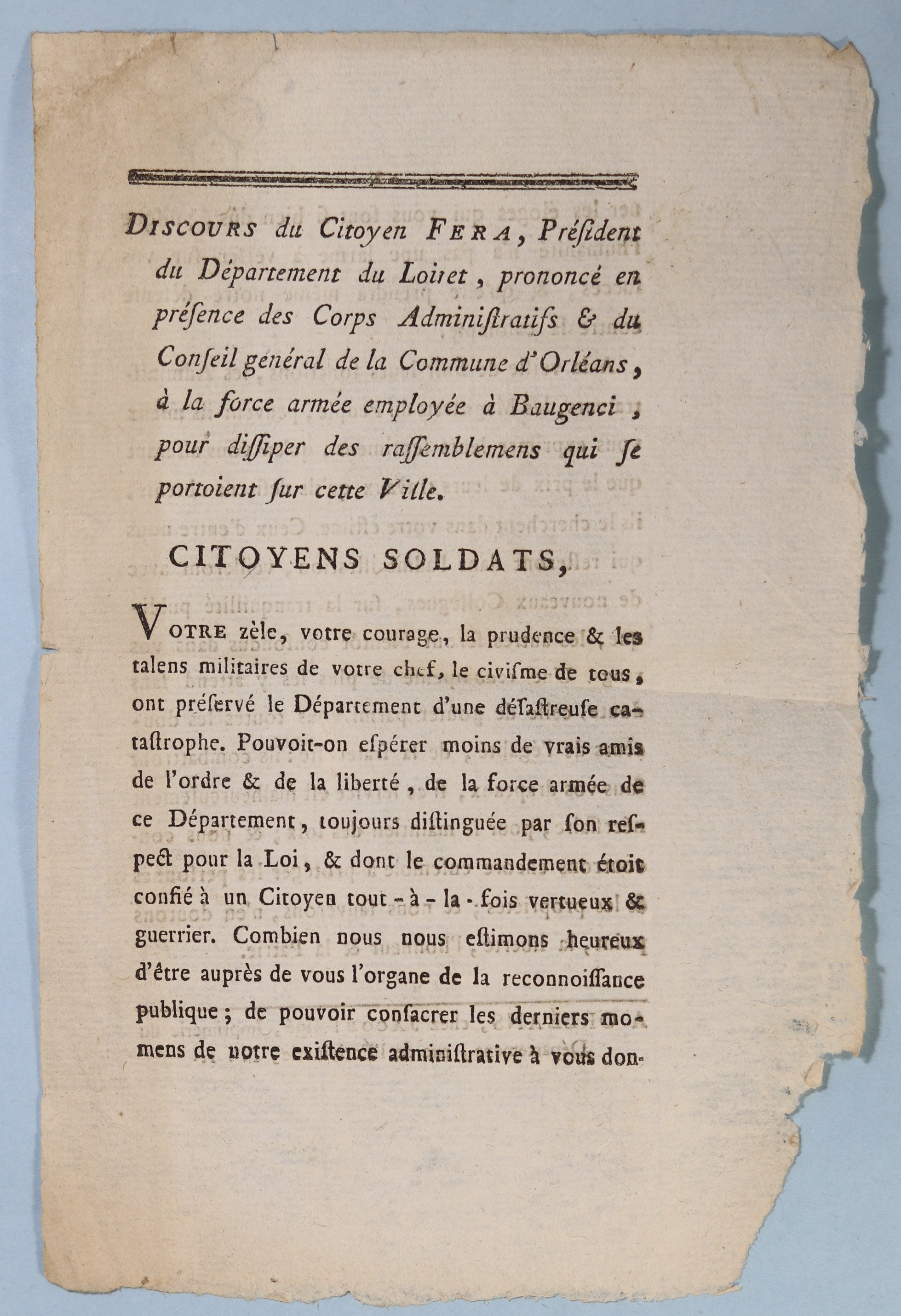 1792 discours Président du Loiret, force armée à Beaugency