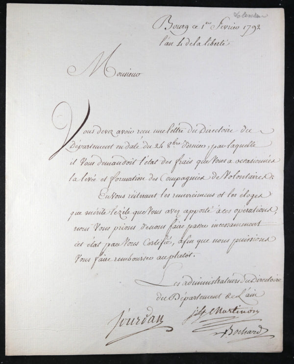 1792 lettre de Bourg (Ain) sur levée Compagnies des Volontaires