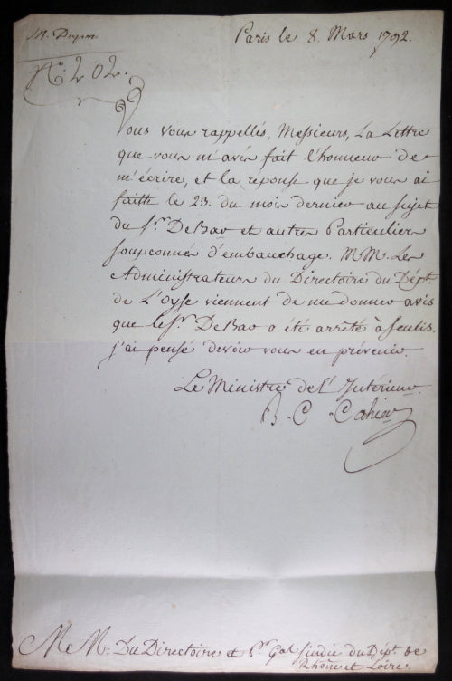 1792 lettre du Ministre de l'Intérieur Cahier de Gerville