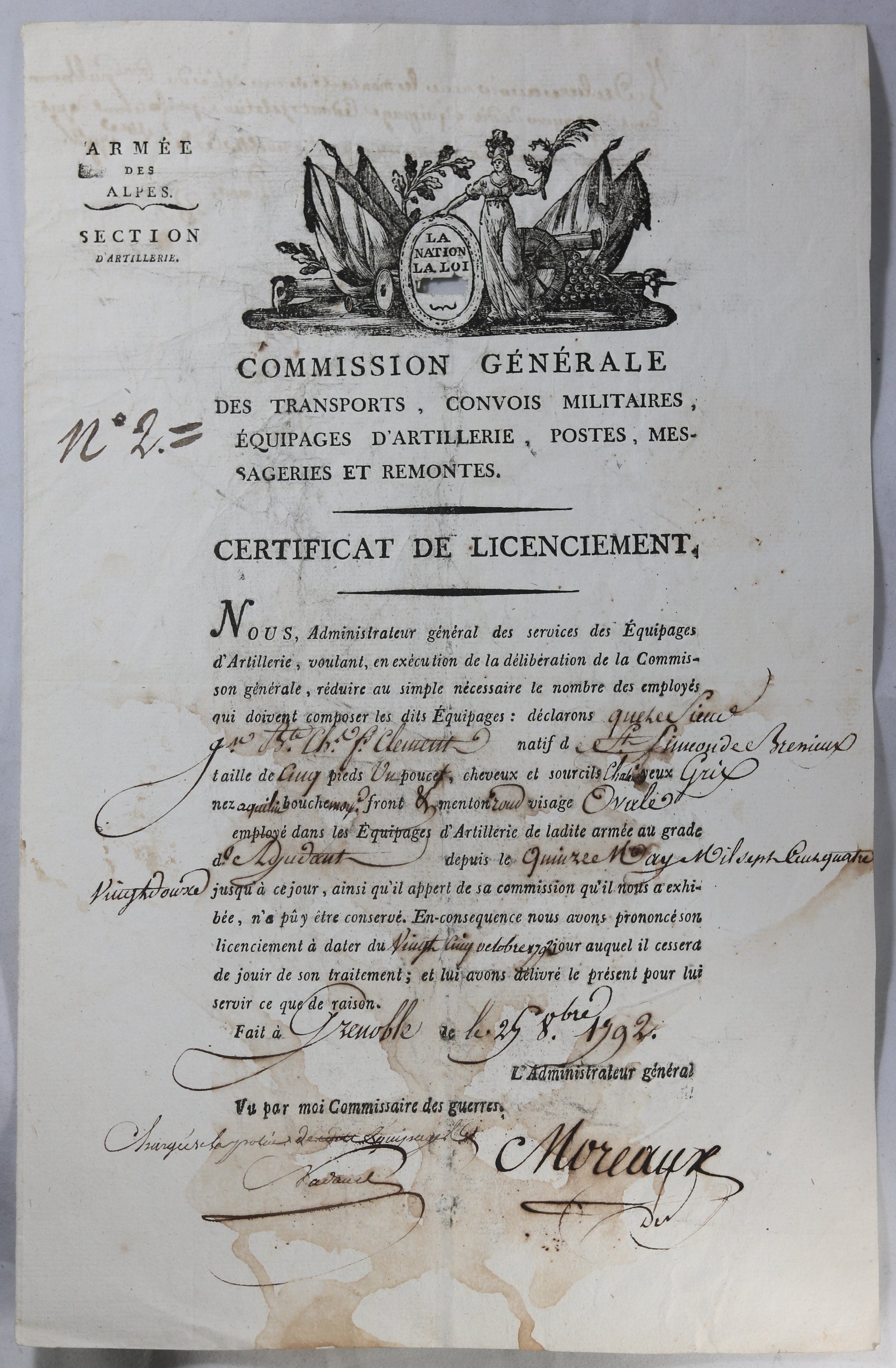 1792 licenciement Adjudant équipage d’artillerie Armée des Alpes