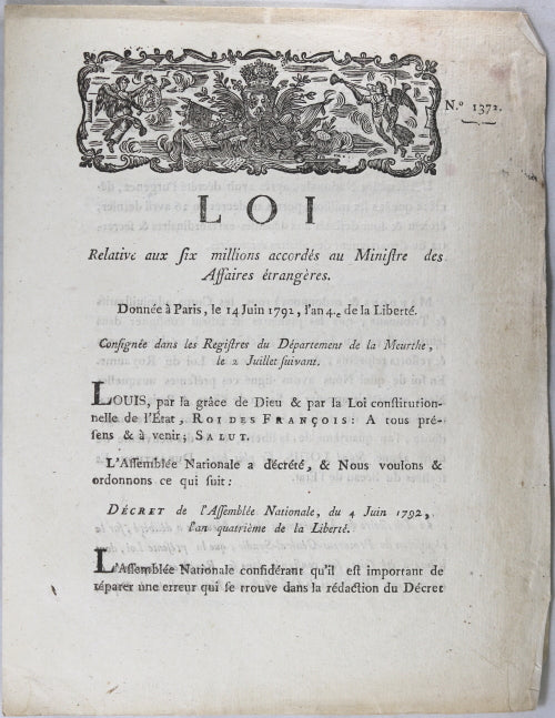 1792 loi six millions accordés au Ministre des Affaires étrangères