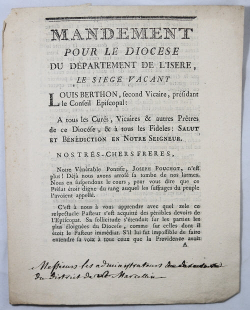 1792 mandement sur mort évêque constitutionnel Pouchot (Grenoble)