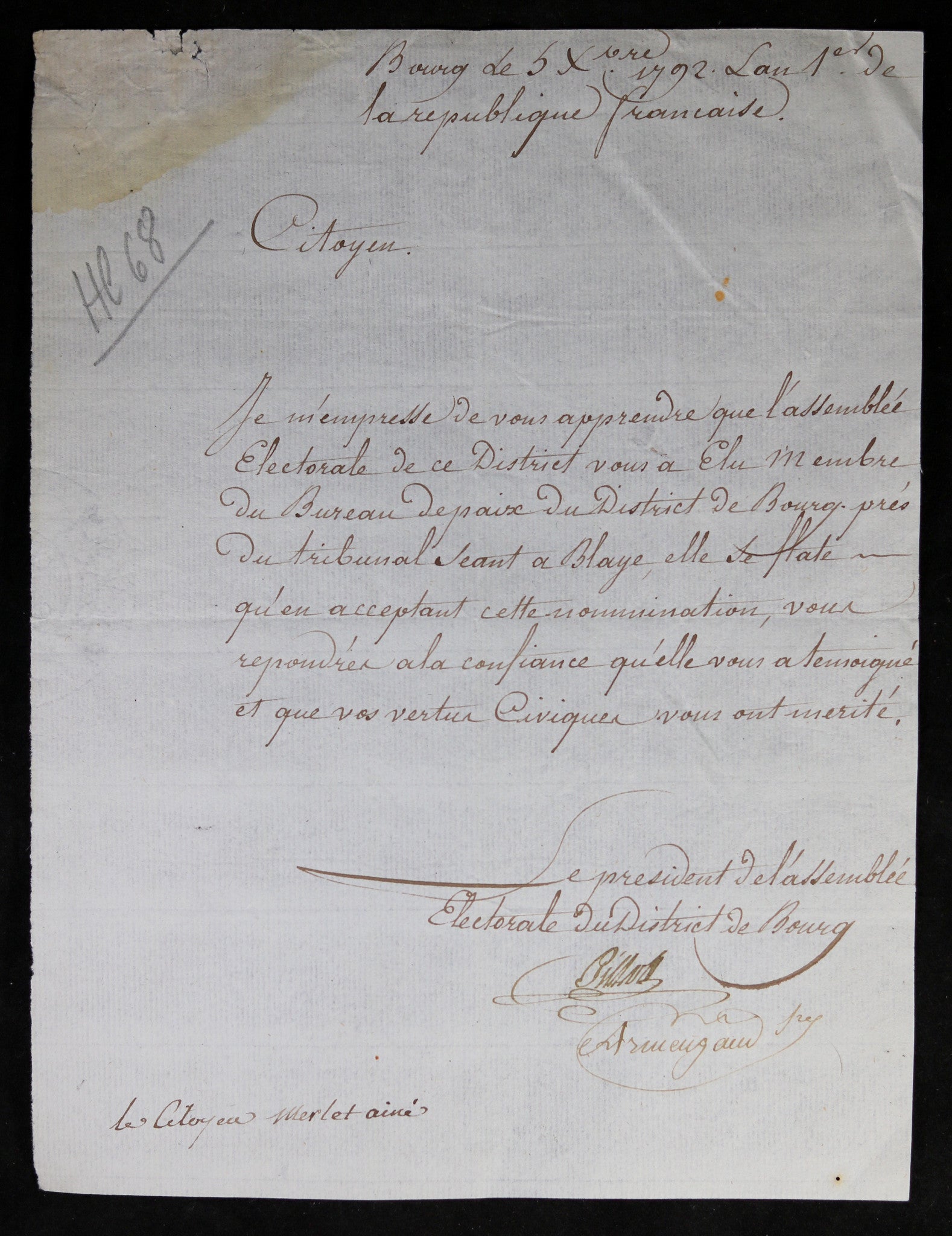 1792 nomination membre du bureau de paix de Bourg (Gironde)