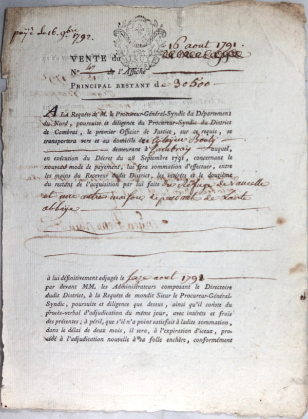 1792 paiement, achat refuge et maison, Abbaye de Vaucelle à Cambrai