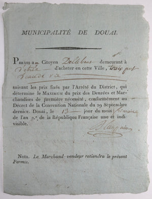 1793-94 Douai, permission d'acheter trois pots d’eau de vie