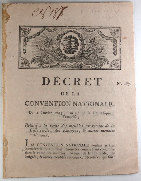 1793 France décret relatif vente meubles provenant Liste civile, Émigrés