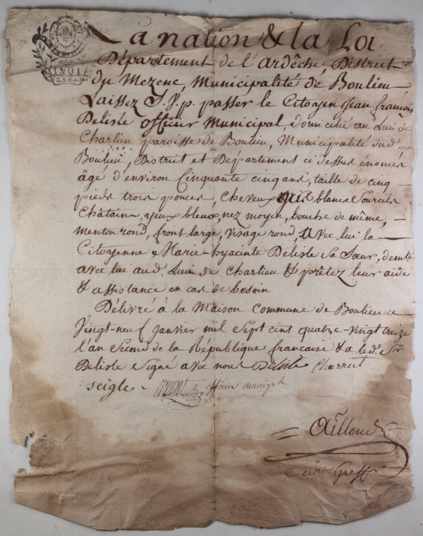 1793 France laissez-passer Delisle officier municipal Boulieu, Ardèche