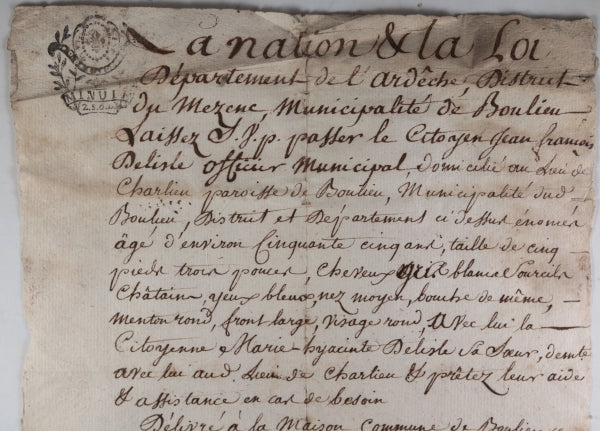 1793 France laissez-passer Delisle officier municipal Boulieu, Ardèche