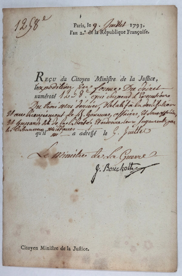 1793 Lettre Ministère de Guerre Bouchotte licenciement militaires 1793 Lettre Ministère de Guerre Bouchotte licenciement militaires