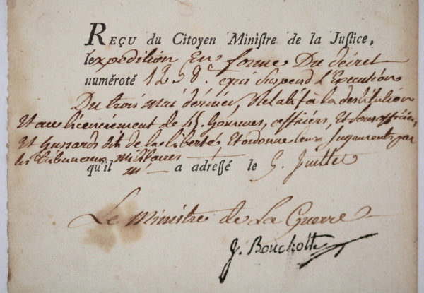 1793 Lettre Ministère de Guerre Bouchotte licenciement militaires