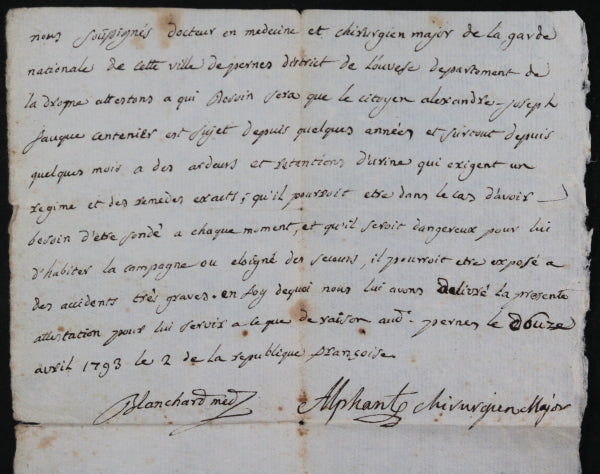 1793 Pernes (Drôme) attestation médicale, conscrit ne peut pas servir