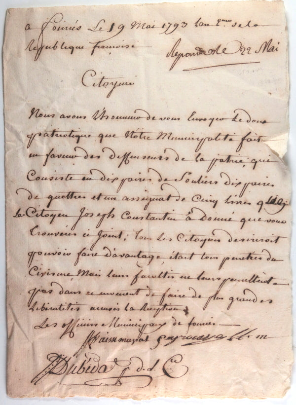 1793 Révolution lettre de Fournès (Gard), don patriotique de souliers