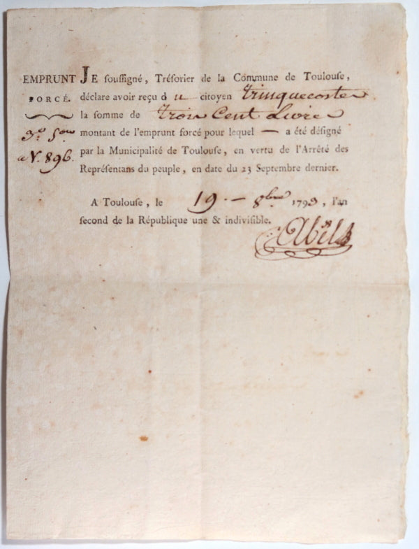 1793 Toulouse quittance emprunt forcé pour Trinquecoste (guillotiné)