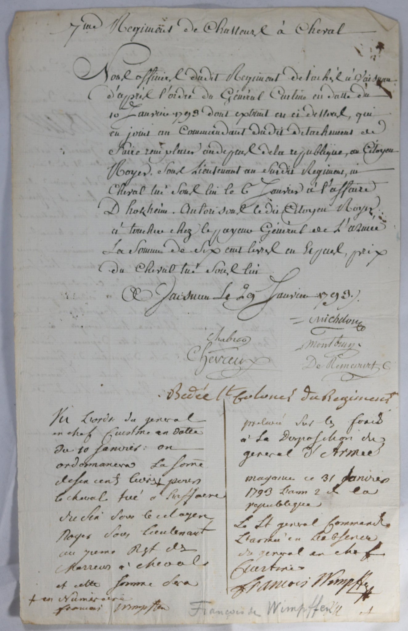 1793 7e Regiment Chasseurs à Cheval, signé générals Custine et Wimpffen