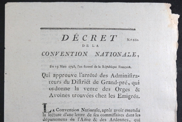 1793 France décret qui ordonne vente des Orges & Avoines des Emigrés
