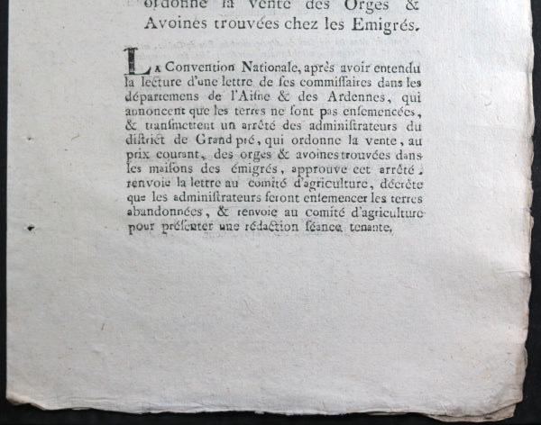 1793 France décret qui ordonne vente des Orges & Avoines des Emigrés