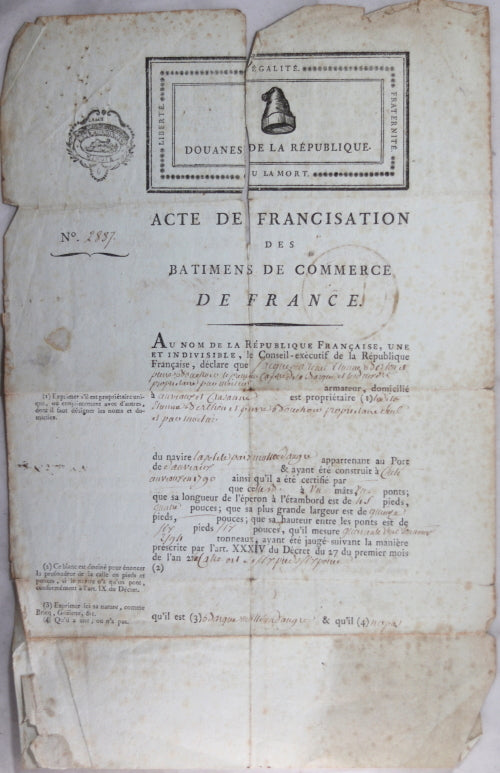 1793 Francisation barque, signé Desforges Ministre Affaires étrangères