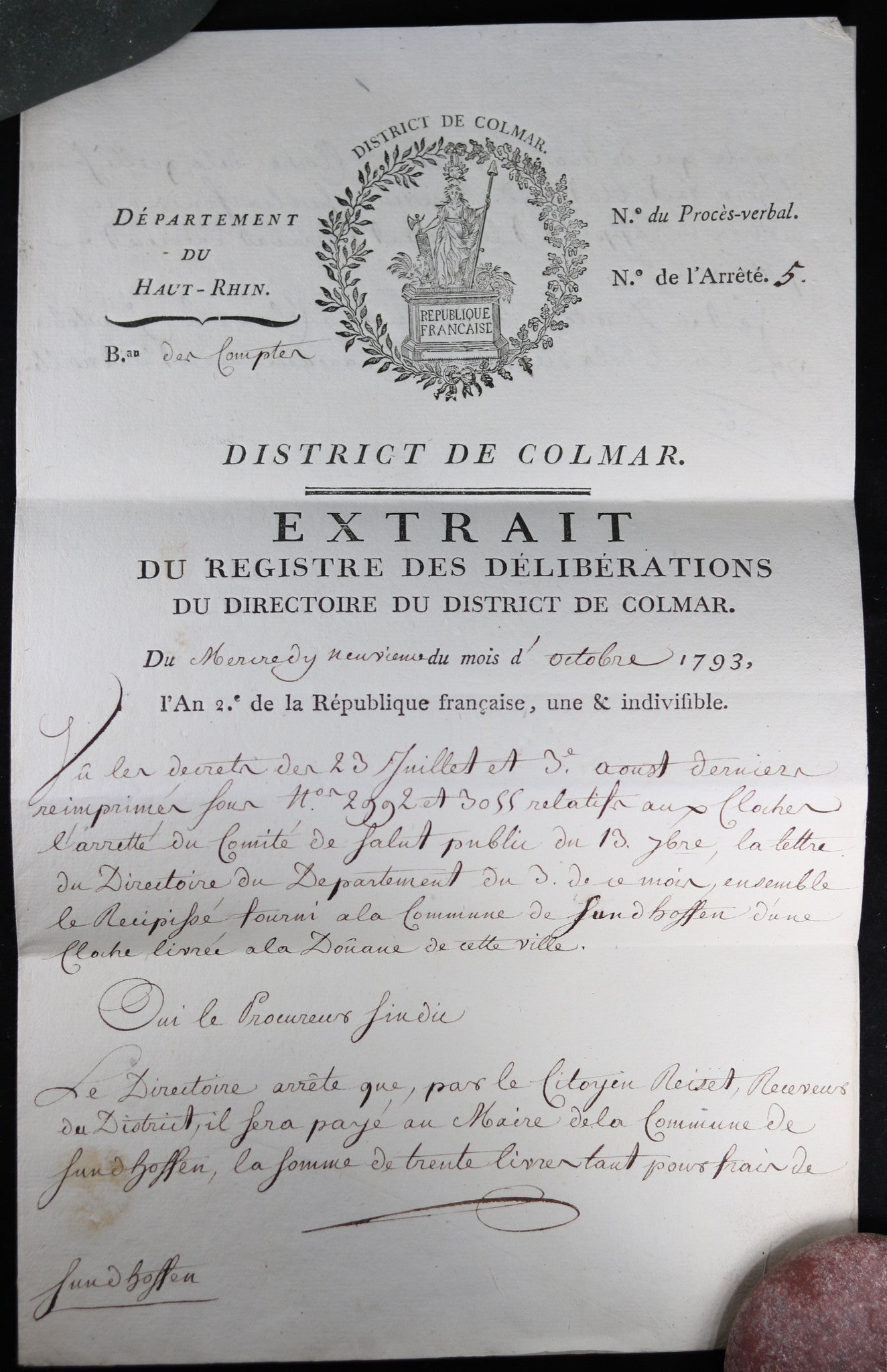 1793 Colmar (Haut-Rhin) paiement livraison cloche d'église