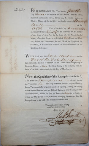 1793 NYC liquor licence for Edwards Sands, signed by Mayor Varick