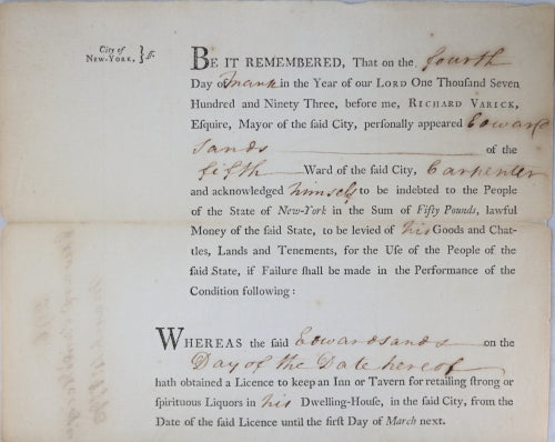 1793 NYC liquor licence for Edwards Sands, signed by Mayor Varick