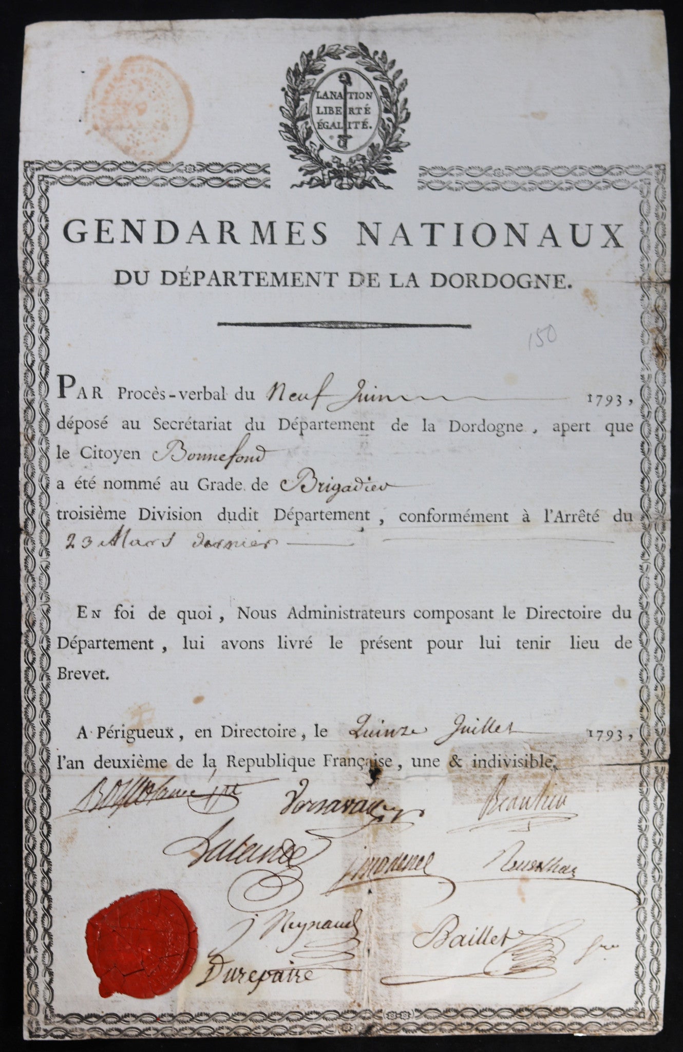 1793 brevet de brigadier des Gendarmes Nationaux de la Dordogne