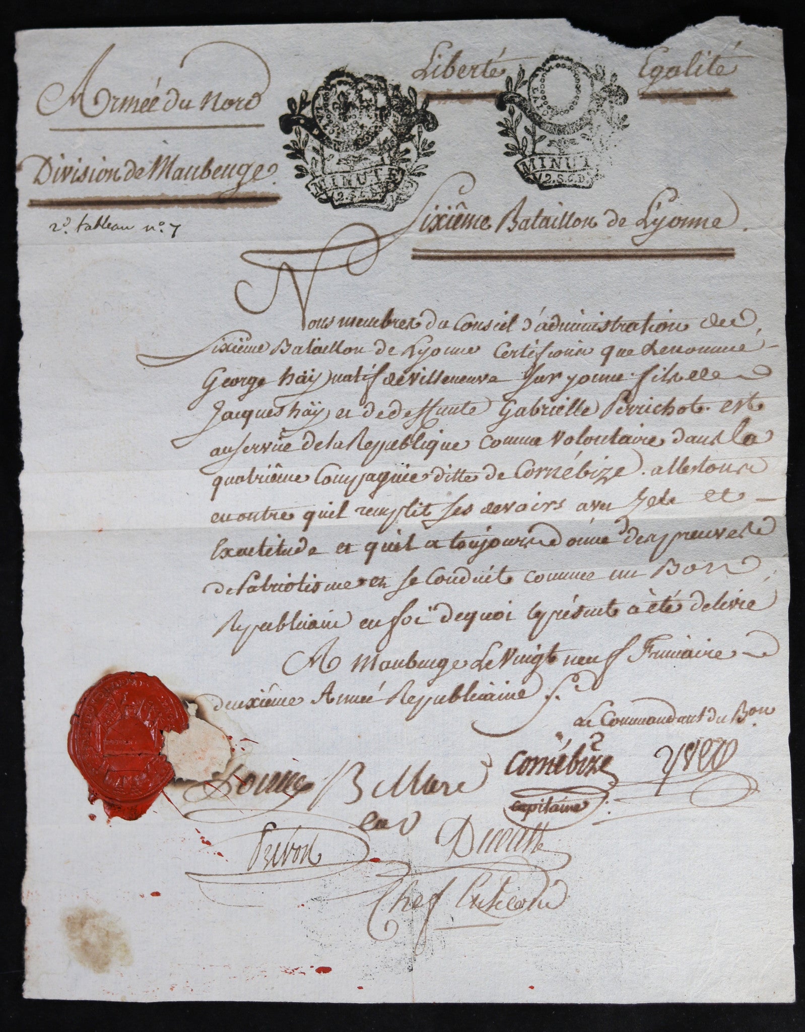 1793 certificat de bonne conduite 6e Bat. l'Yonne (Maubeuge)