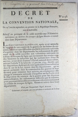 1793 décret Convention Nationale solde aux Volontaires ou Soldats