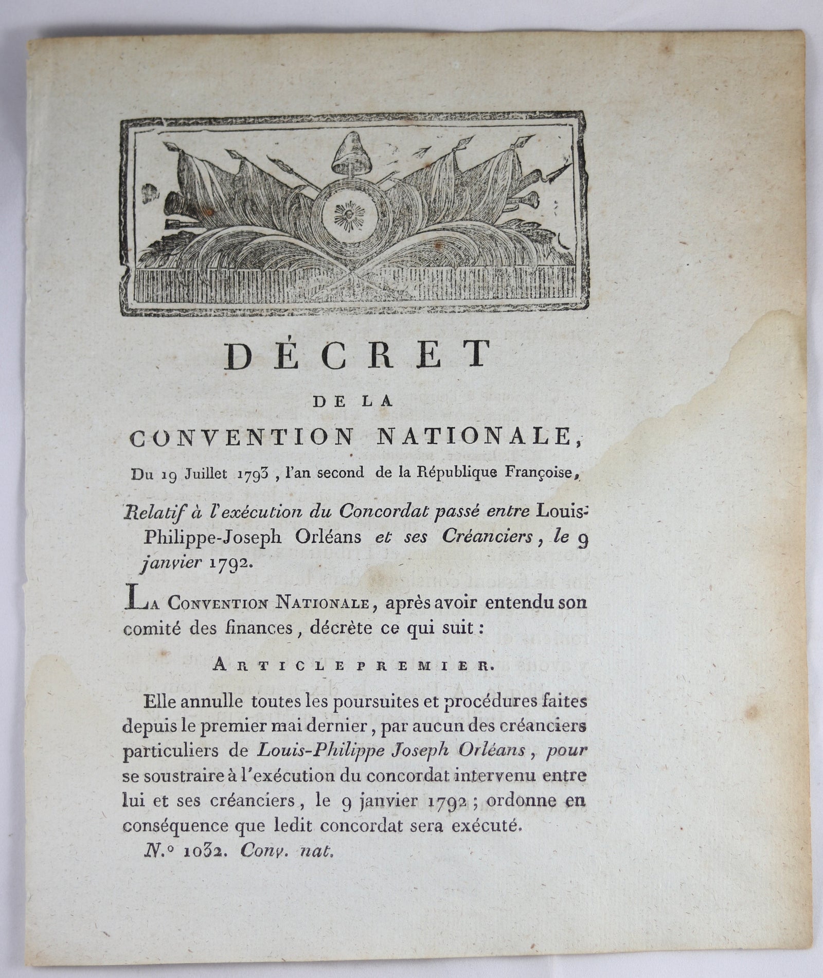 1793 décret sur créances de Philippe Égalité (Louis-Philippe d'Orléans)