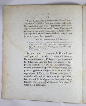 1793 décret sur créances de Philippe Égalité (Louis-Philippe d'Orléans)