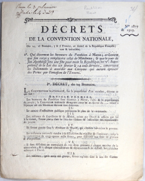 1793 décrets restes de Marat au Panthéon, pertes par invasion