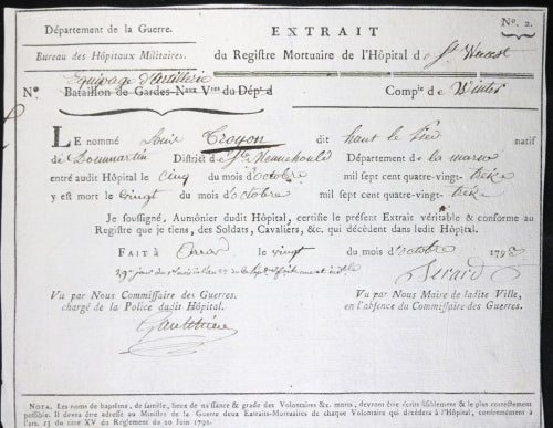 1793 extrait mortuaire militaire de l’Hôpital St. Waast (Arras)