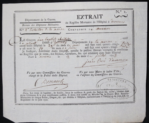 1793 extrait mortuaire militaire de l’Hôpital d'Avesnes (Pas-de-Calais)